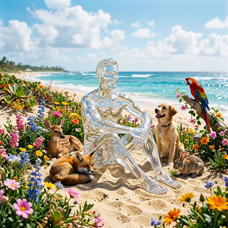 Sunny Beach Scene with Glass Figure, Flowers, and Pets Sunny Beach Scene with Glass Figure, Flowers, and Pets