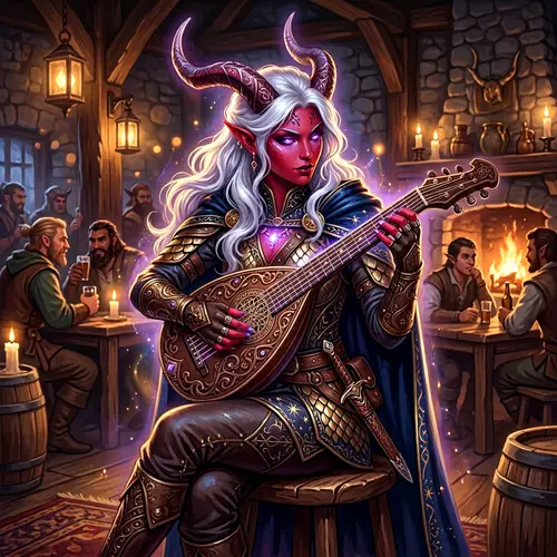Enchanting Tiefling Bard Character Art in Dim Tavern | Fantasy Digital Painting