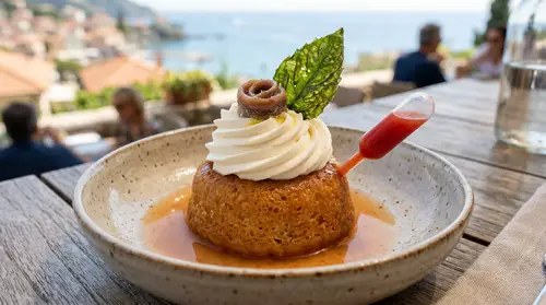 Gourmet Savory Baba Cake with Tomato Water