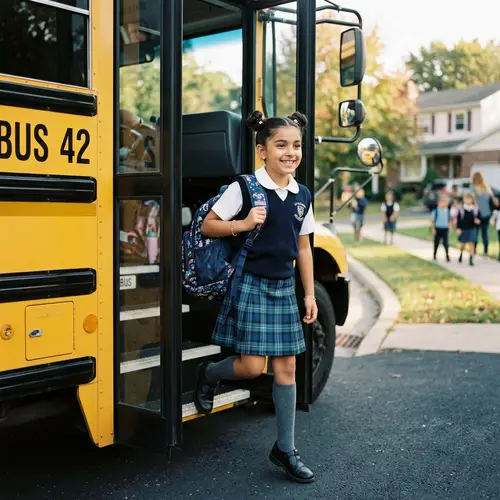 Middle-Eastern School Girl with Space Buns | School Bus Exit