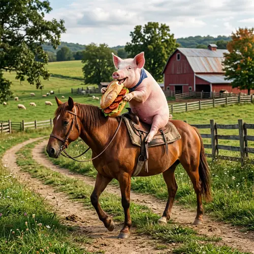 Pig Riding Horse While Eating Chorizo Sandwich