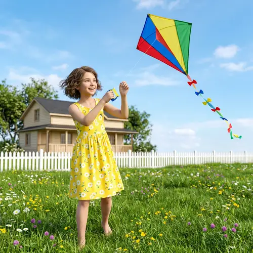 Joyful Girl with a Colorful Kite in the Meadow