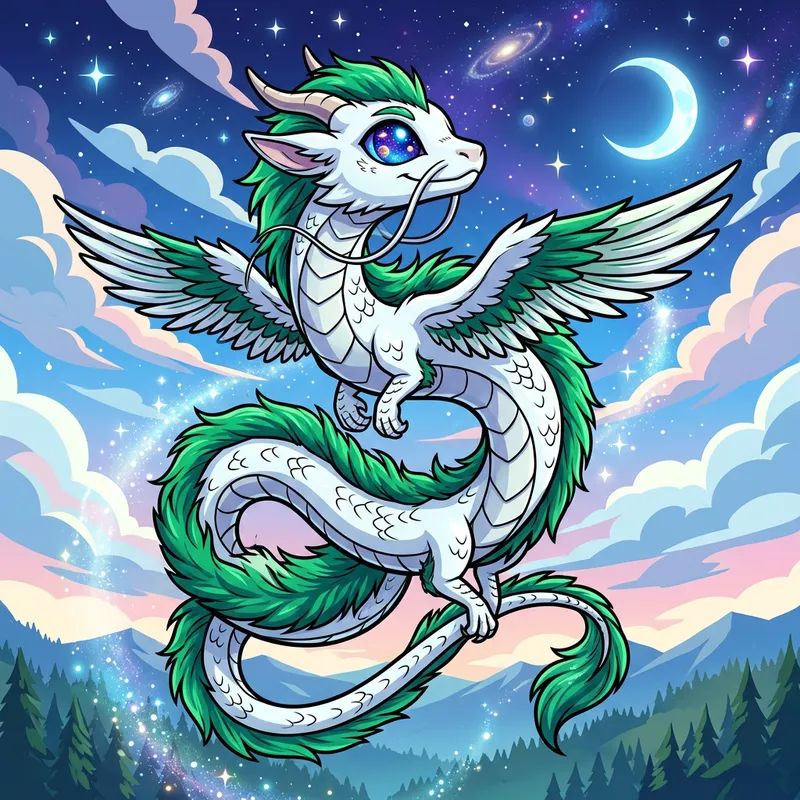 Cute Juvenile White Scales Dragon Flying - Mysteries of the Cosmos