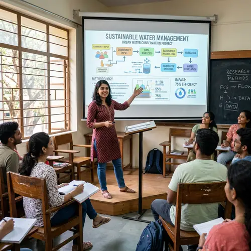 Confident South-Asian Female Student Presenting Project in Classroom