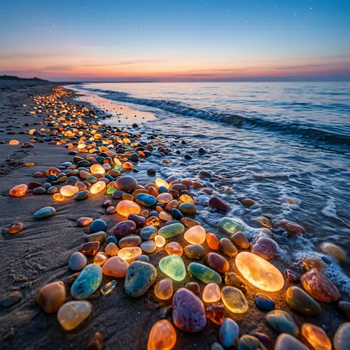 Glowing Pebbles on Sandy Beach | Tranquil & Positive Energy