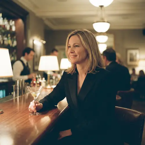 Hyper-Realistic Portrait of Blonde Woman in Elegant Night-time Attire with Martini Glass