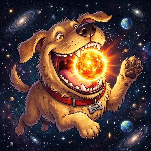 Giant Cartoon Dog in Space Catching Sun in Playful Act