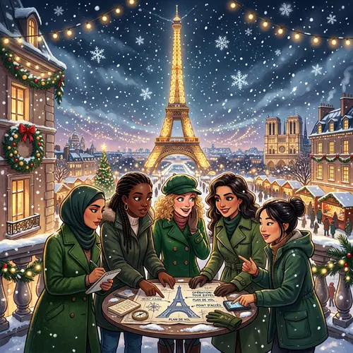 Diverse Women in Green Coats Conspire at Eiffel Tower in Paris