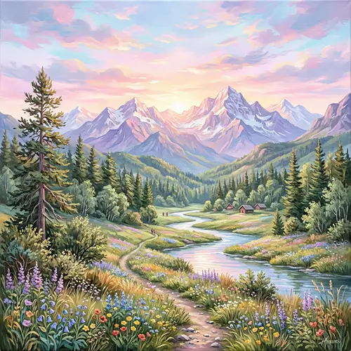 Serene Mountain Landscape at Sunrise - Majestic Nature in Vibrant Pastel Colors