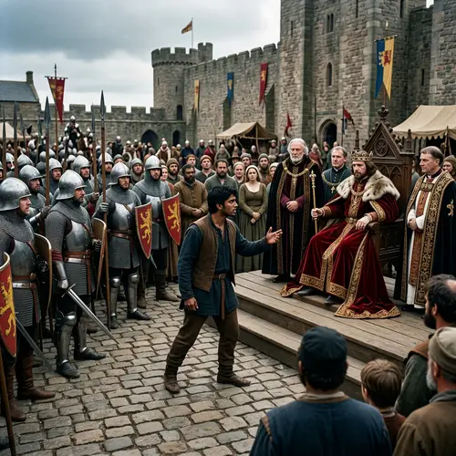 Medieval King and Soldiers Scene with Defiant Young Man