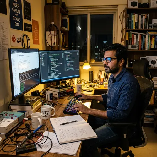 Experienced South Asian Male Coder at Late-Night Coding Marathon