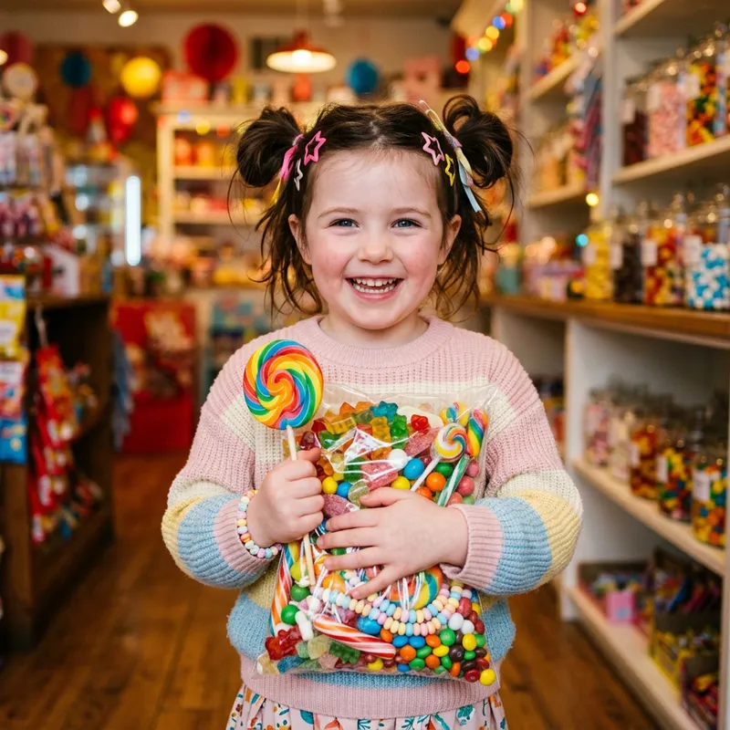 Cute Girl Holding Colorful Candy - Sweet Moments