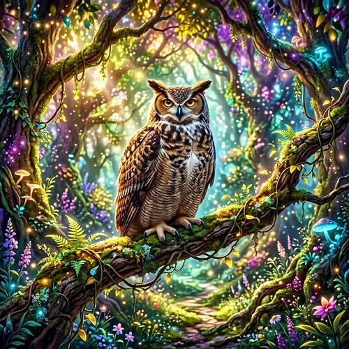 Whimsical Forest Scene with Majestic Owl Perched on Tree Branch