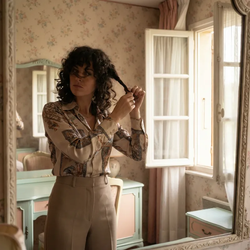 Vintage Woman Styling Hair in Elegant Setting