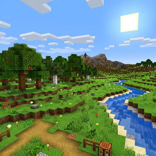 Minecraft 3D Field: Blocky Landscape with River and Trees