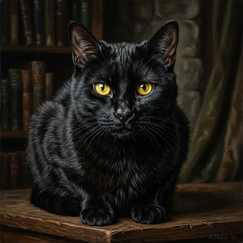 Hyperrealistic Oil Painting of Awe-Inspiring Black Cat with Yellow Eyes