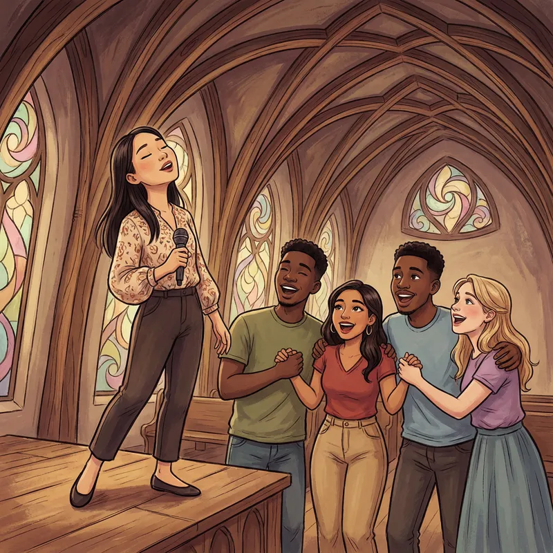 Young Woman Leads Energetic Sing-Along in Beautiful Hall