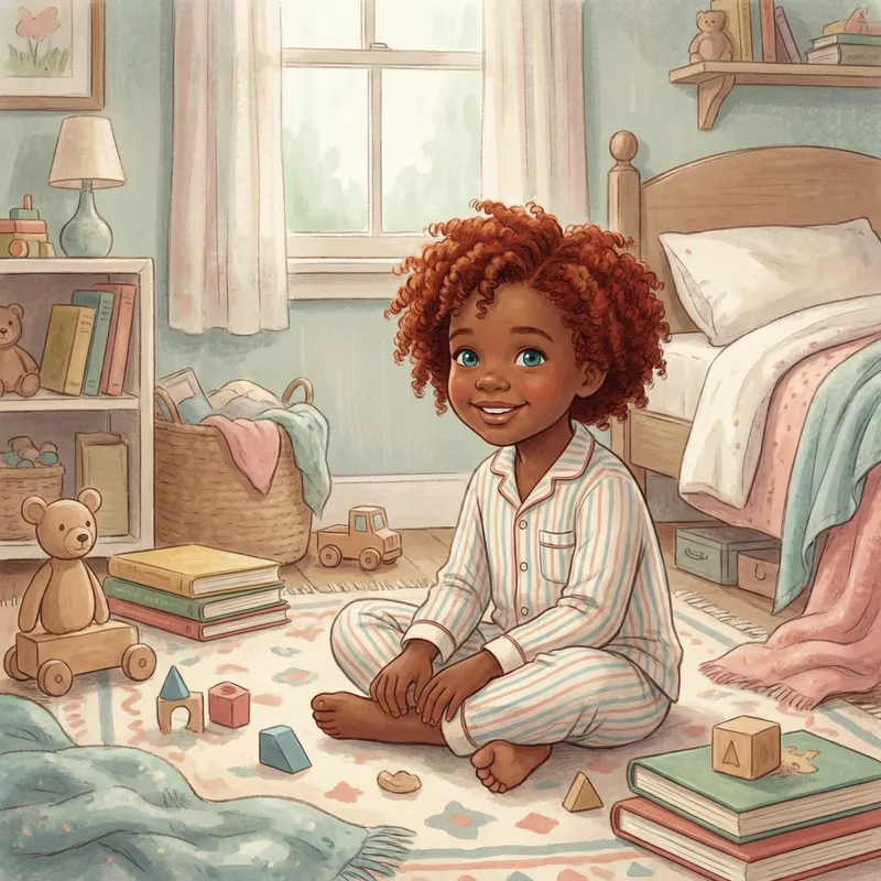 Cheerful Preschool Girl with Red Curly Hair in Nostalgic Storybook Setting