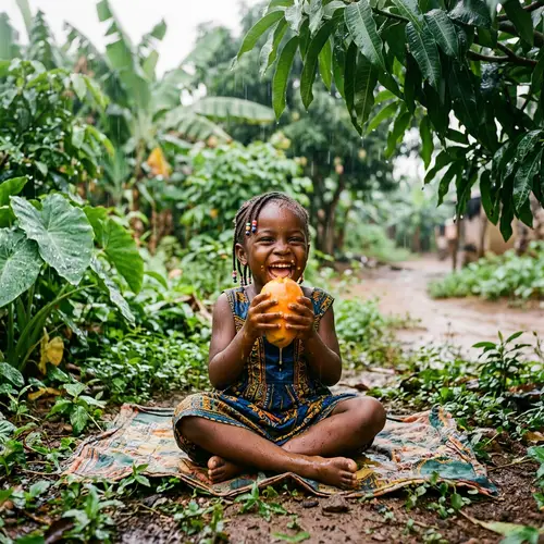 Joyful African Child Eating Mango in the Rain