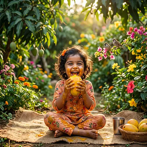 Joyful Indian Child Eating Ripe Mango - Sunny Summer Day