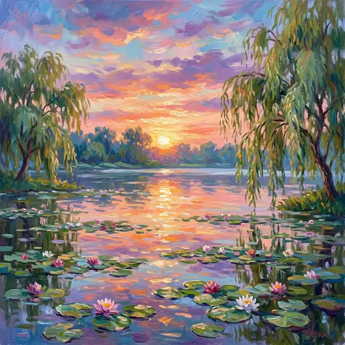 Tranquil Lake Sunset | Impressionist Style Art