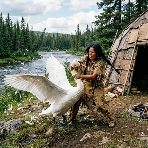 Native American Woman vs. Giant Swan Battle in Pine Forest