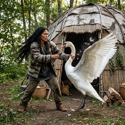 Native American Woman Confronts Giant Swan in Her Forties
