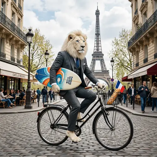 White Lion in Suit Surfing in Paris