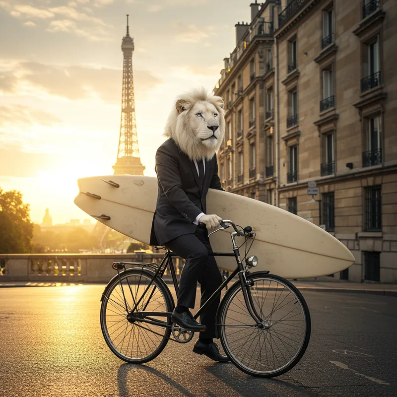 White Lion in Suit Surfing in Paris