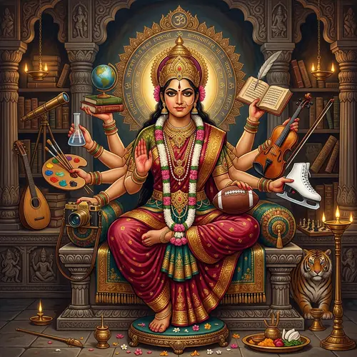 South Asian Female Deity Embodying Wisdom with Scholarly Intensity