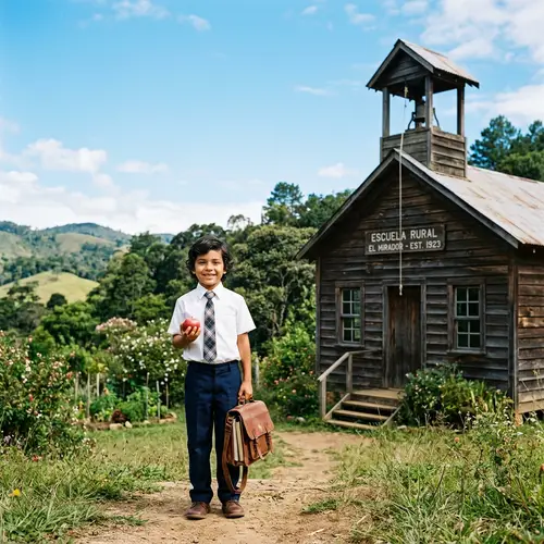 Young Hispanic Boy at Rural Schoolhouse | Vibrant Rural Scene