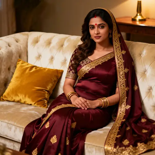 Realistic Indian Woman in Tight Saree on Sofa