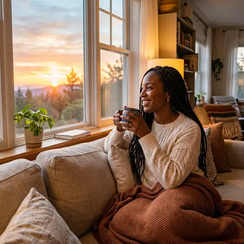 Coffee Moments: Black Woman Enjoys Sunrise at Home