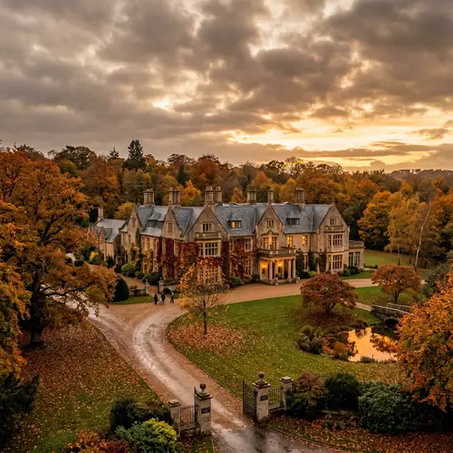 Stunning Mansion in Autumn: A Cloudy Golden Hour