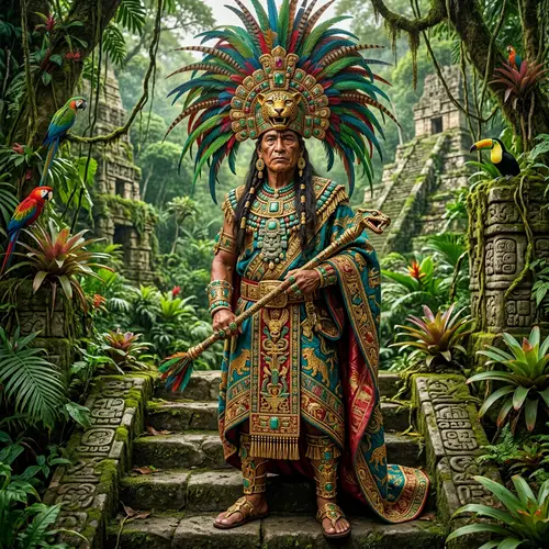 Ancient King's Distinctive Attire in Jungle with Ornate Jewelry & Lush Robes