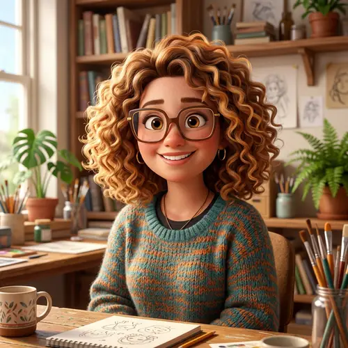 3D Pixar Cartoon Woman with Curly Brown Hair