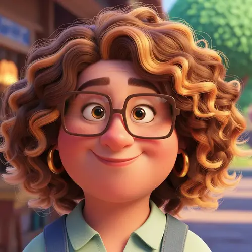 3D Pixar Cartoon Woman with Curly Brown Hair