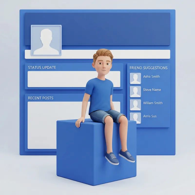 Cute 3D Boy Sitting on Box with Facebook Profile in Background