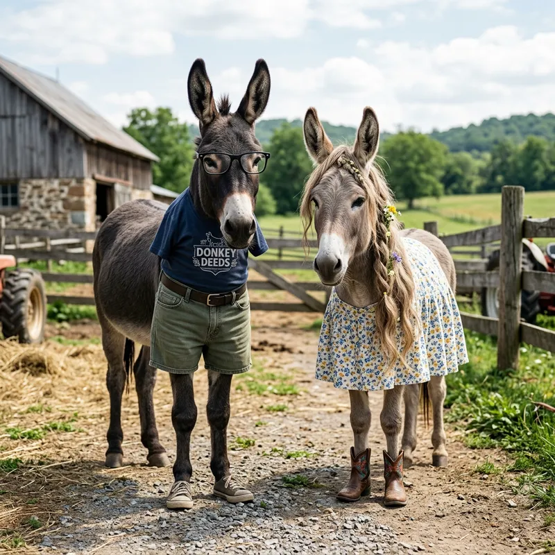 Two Unique Donkeys: Male in Glasses & Female with Style