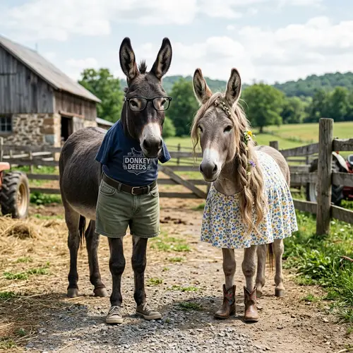 Two Unique Donkeys: Male in Glasses & Female with Style