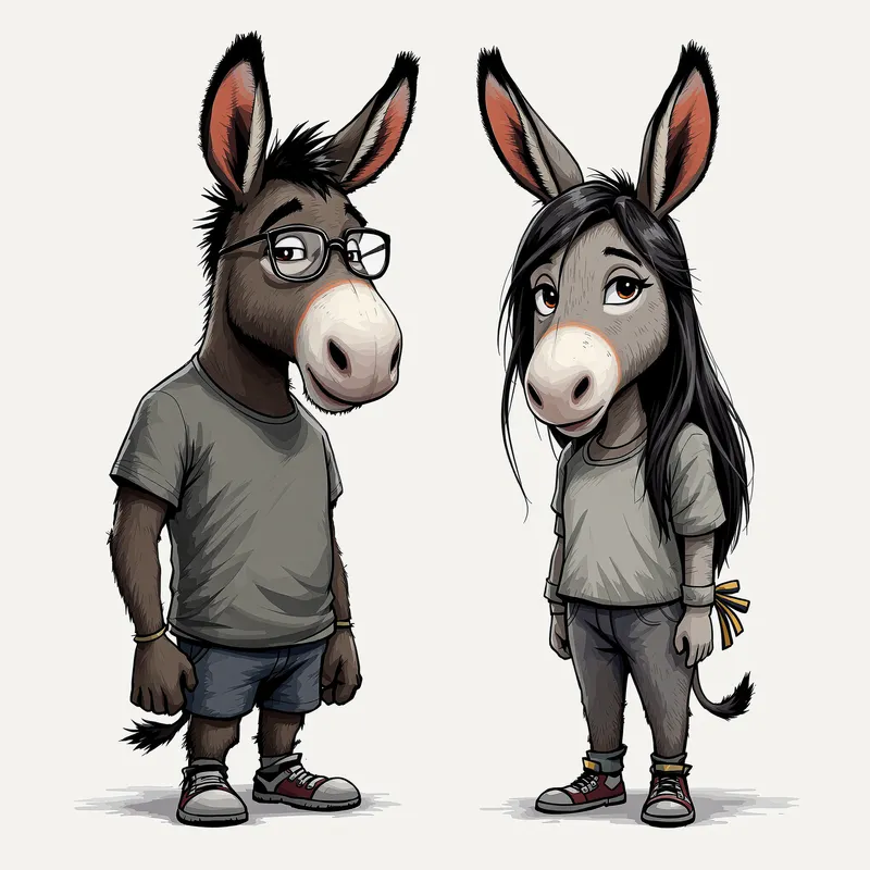Two Unique Donkeys: Male in Glasses & Female with Style