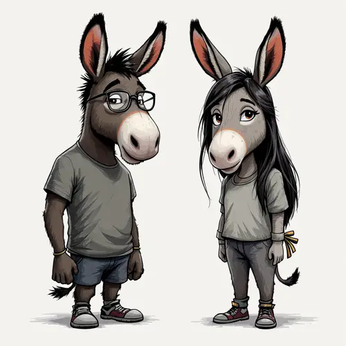 Two Unique Donkeys: Male in Glasses & Female with Style