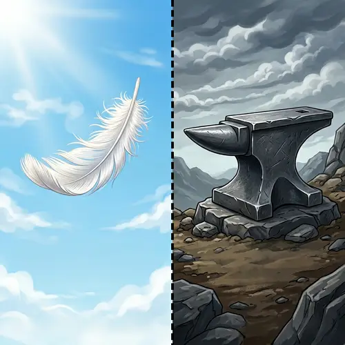 Feather vs. Anvil: Symbolic Contrast Illustration