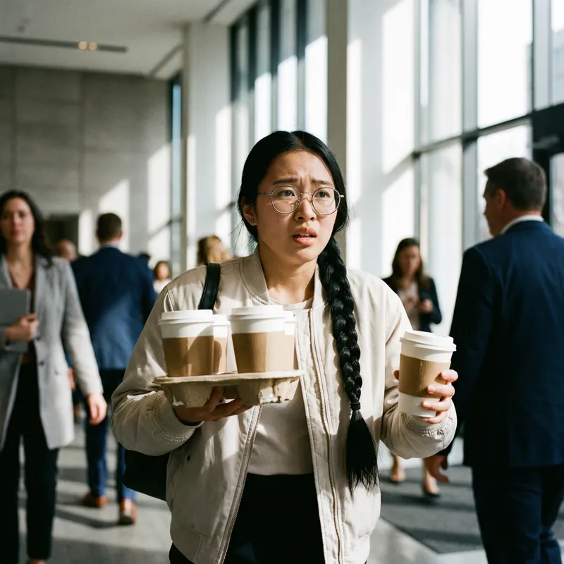 Pretty Girl Hurrying in Office Lobby with Coffee Pretty Girl Hurrying in Office Lobby with Coffee