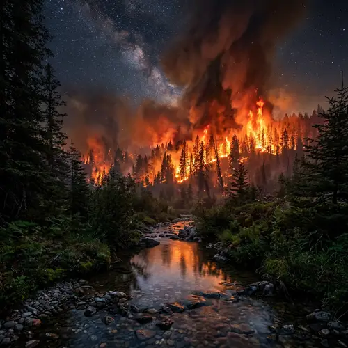 Intense Forest Fire Scene: Captivating Flames & Clear Creek