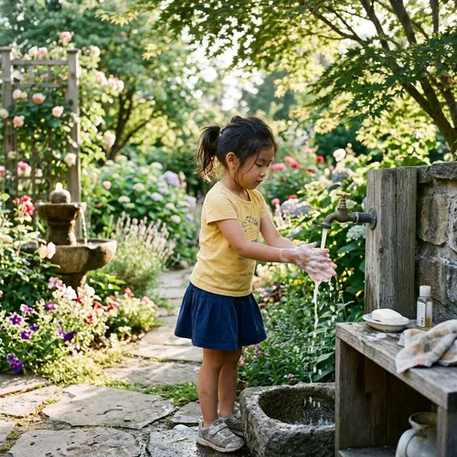 Young Asian Girl Washing Hands Outdoors | Lush Garden Scene