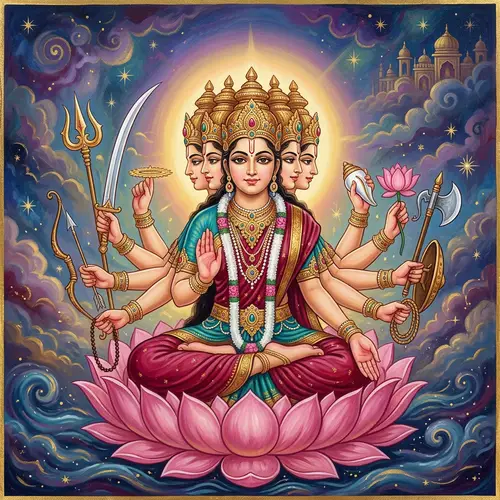 Divine Figure with Six Faces and Twelve Arms | Radiant Depiction