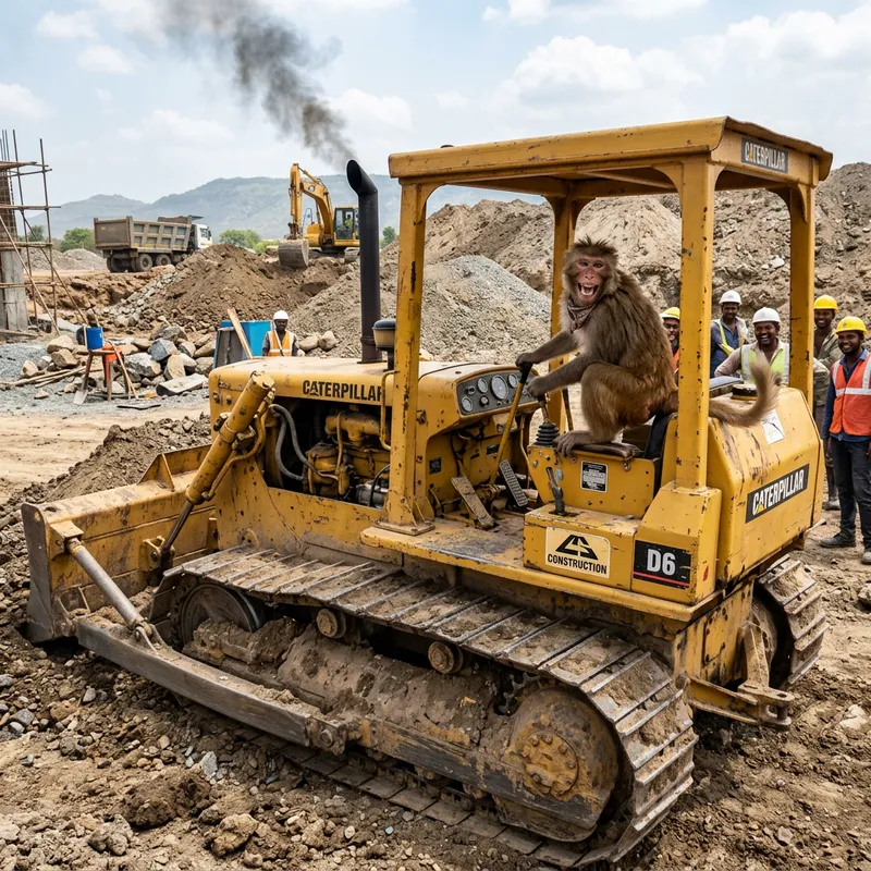 Playful Monkey Operating Yellow Bulldozer | Humorous Construction Scene Playful Monkey Operating Yellow Bulldozer | Humorous Construction Scene