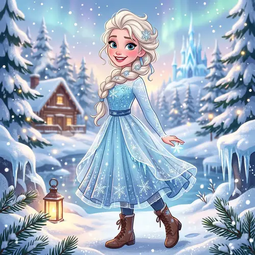 Playful Cartoon Girl in Ice-Themed Dress