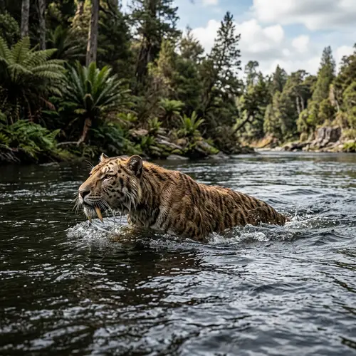 Saber-toothed Tiger Swimming: Prehistoric Predator in Water